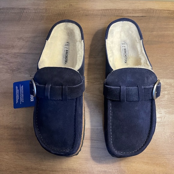 Suede Birkenstock Buckley Shearling in Navy Blue with Silver Hardware - Picture 7 of 15